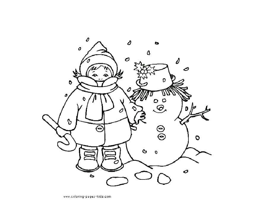 Название: Раскраска Девочка,снеговик. Категория: Раскраски для малышей. Теги: девочка, снеговик.