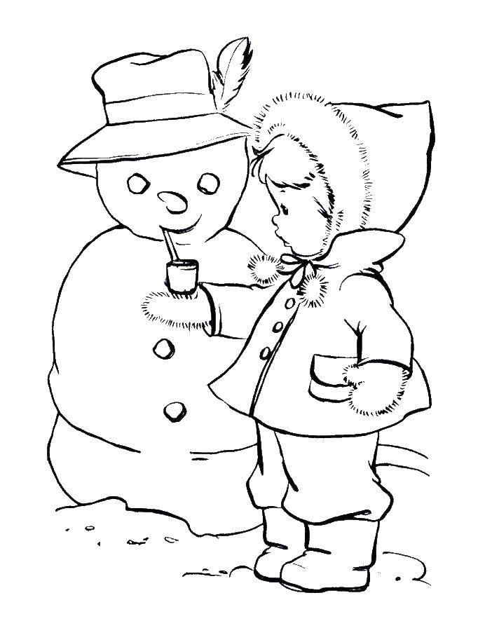 Название: Раскраска Девочка украшает снеговичка. Категория: снеговик. Теги: Снеговик, снег, веселье, дети.