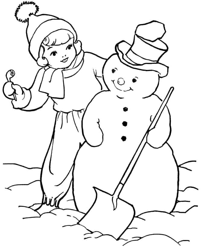 Название: Раскраска Девочка украшает снеговичка. Категория: зима. Теги: Снеговик, снег, веселье, дети.