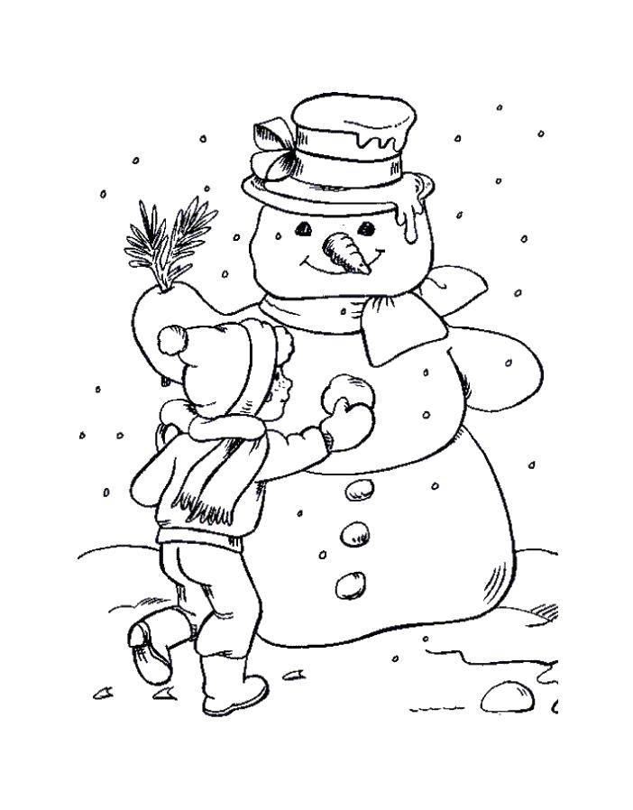 Название: Раскраска Мальчик лепит снеговичка. Категория: снеговик. Теги: Снеговик, снег, веселье, дети.
