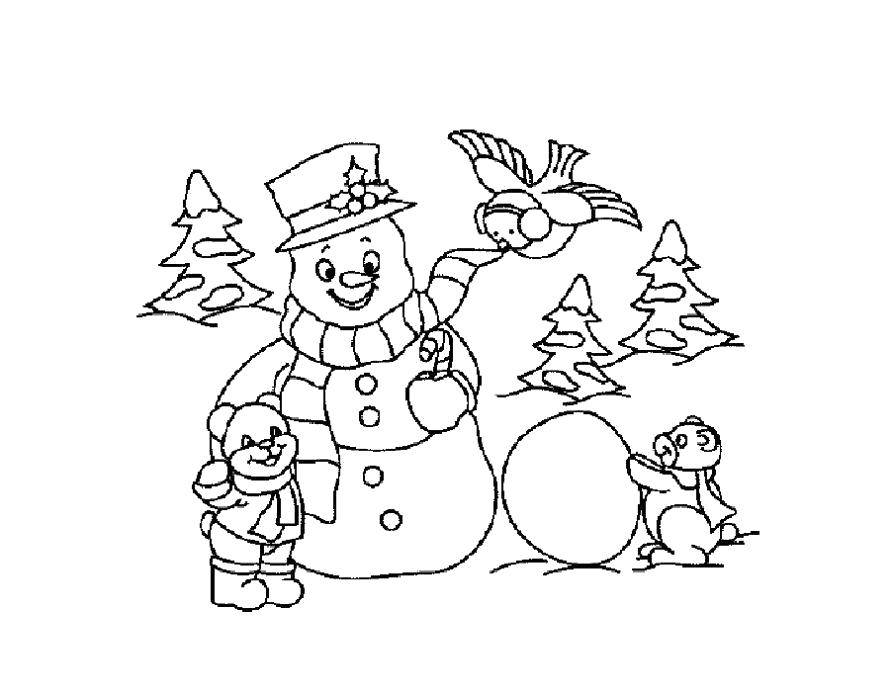 Название: Раскраска Медвежата лепят снеговика. Категория: снеговик. Теги: Снеговик, снег, веселье, дети.