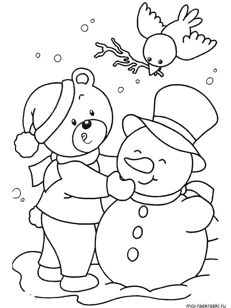 Coloring Bear,snowman,bird. Category Coloring pages for kids. Tags:  bear, snowman.