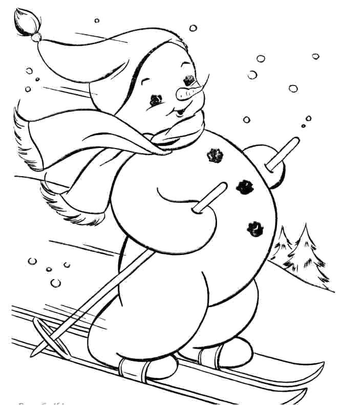 Название: Раскраска Снеговичок на лыжах. Категория: снеговик. Теги: Снеговик, снег, зима, веселье, лыжи.