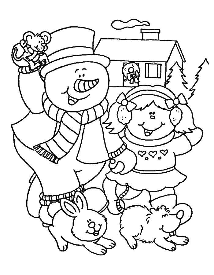Coloring Snowman,girl. Category Coloring pages for kids. Tags:  snowman, girl, animals.