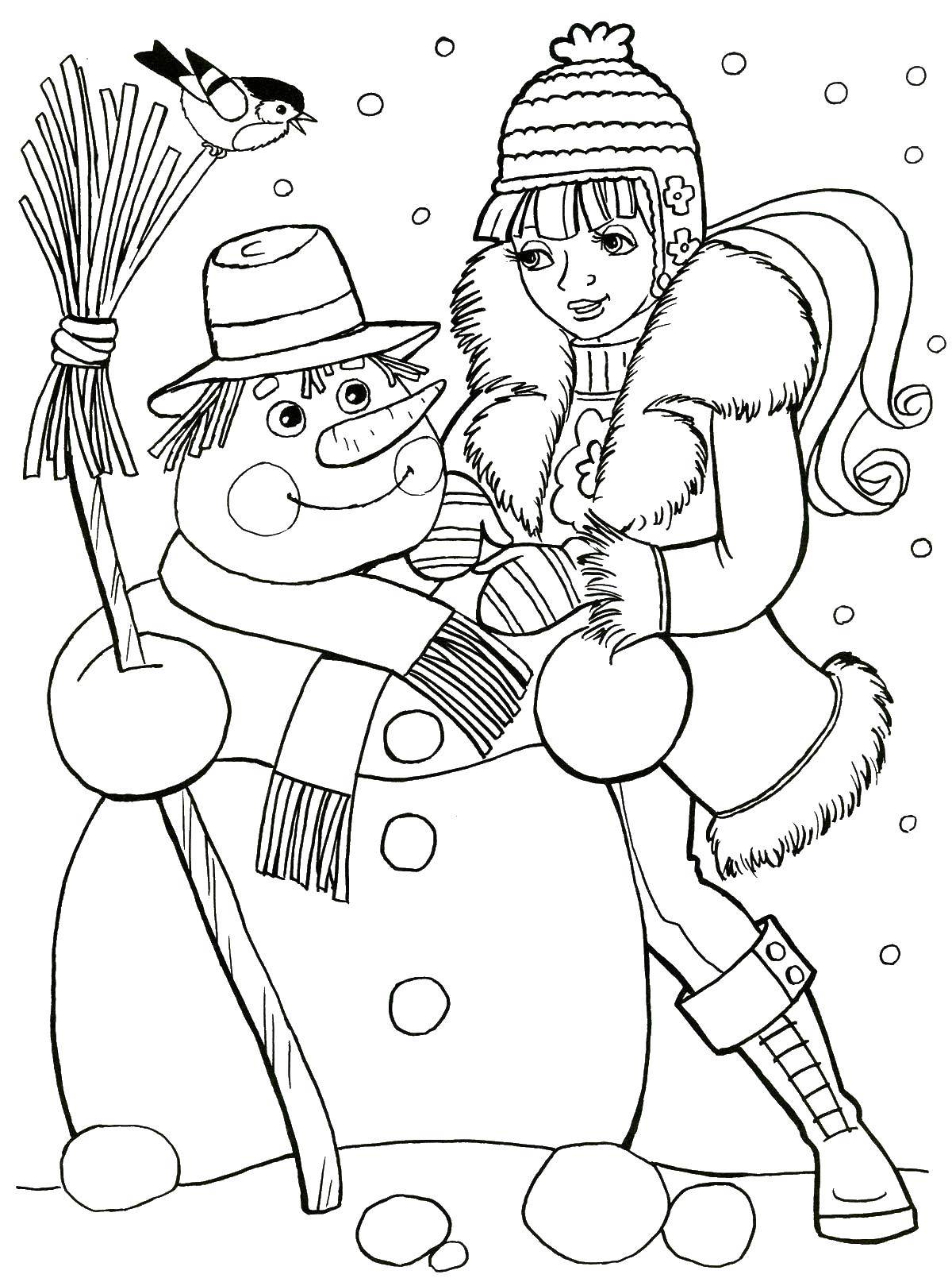 Coloring Snowman,girl. Category Coloring pages for kids. Tags:  snowman, broom, girl.