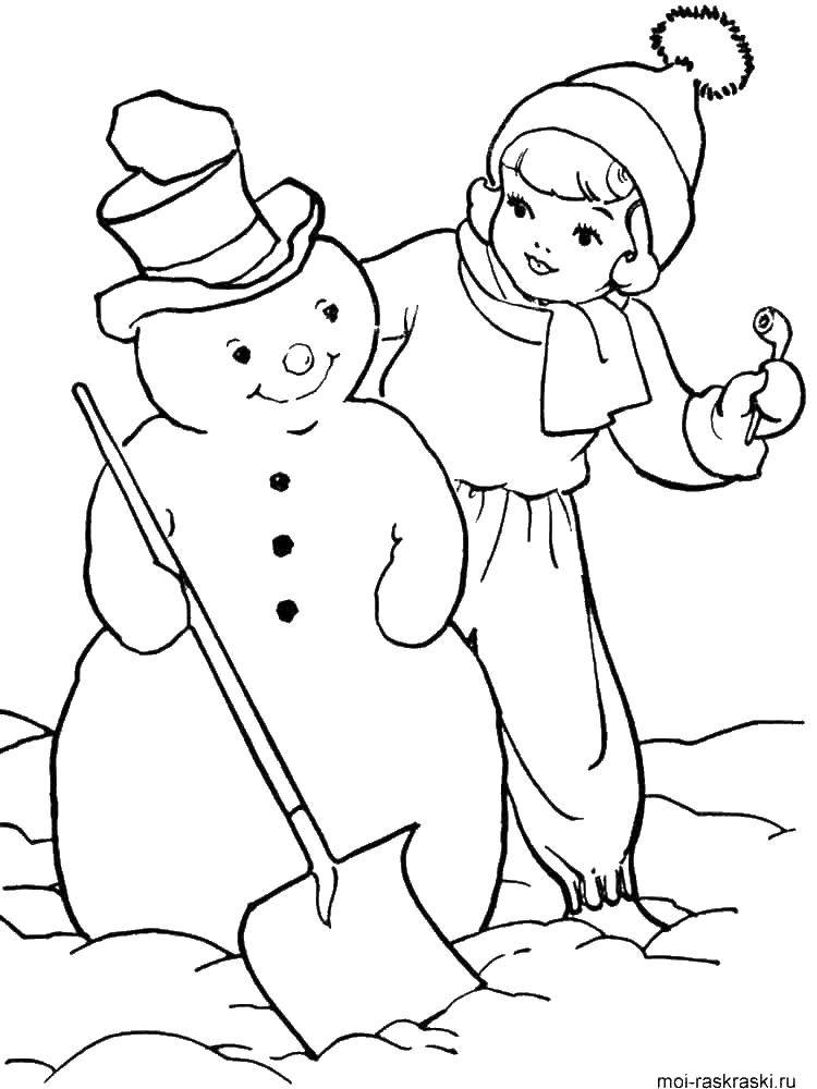Название: Раскраска Снеговик,девочка. Категория: раскраски для девочек. Теги: снеговик, девочка, лопата.