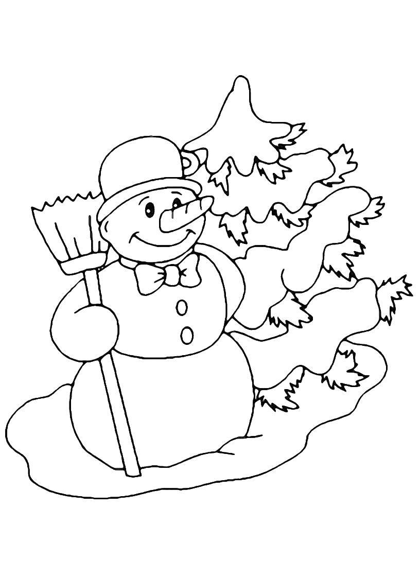 Coloring Snowman,Christmas tree. Category Coloring pages for kids. Tags:  snowman, tree, broom.