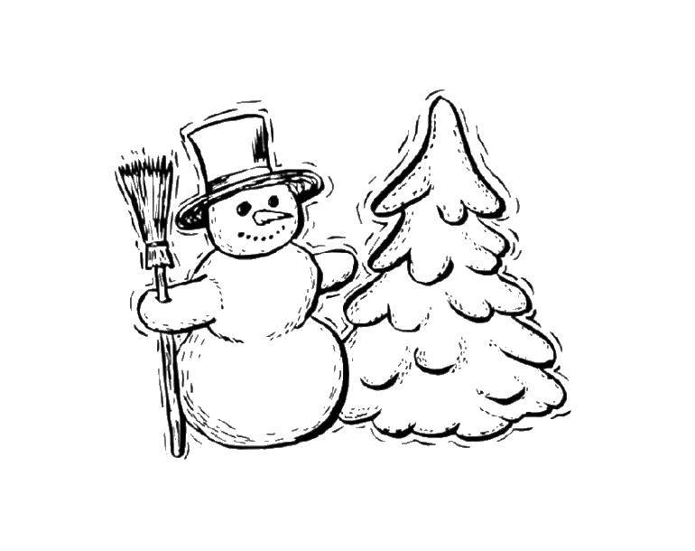 Coloring Snowman,Christmas tree. Category Coloring pages for kids. Tags:  snowman, broom, Christmas tree.