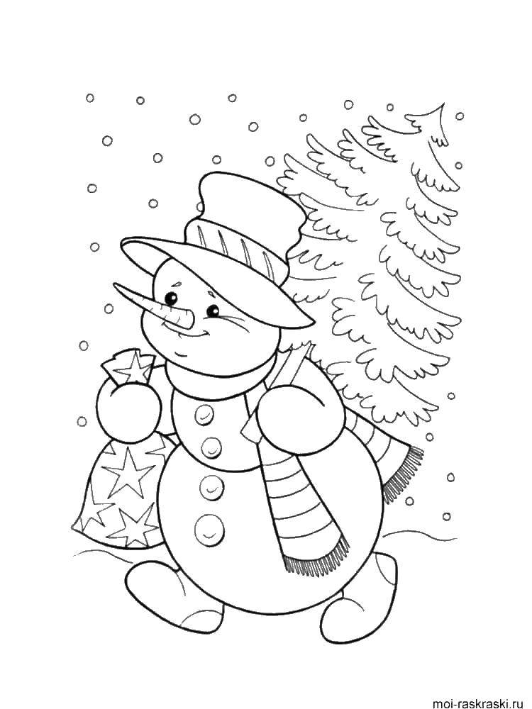 Coloring Snowman,Christmas tree. Category Coloring pages for kids. Tags:  gift, snowman.