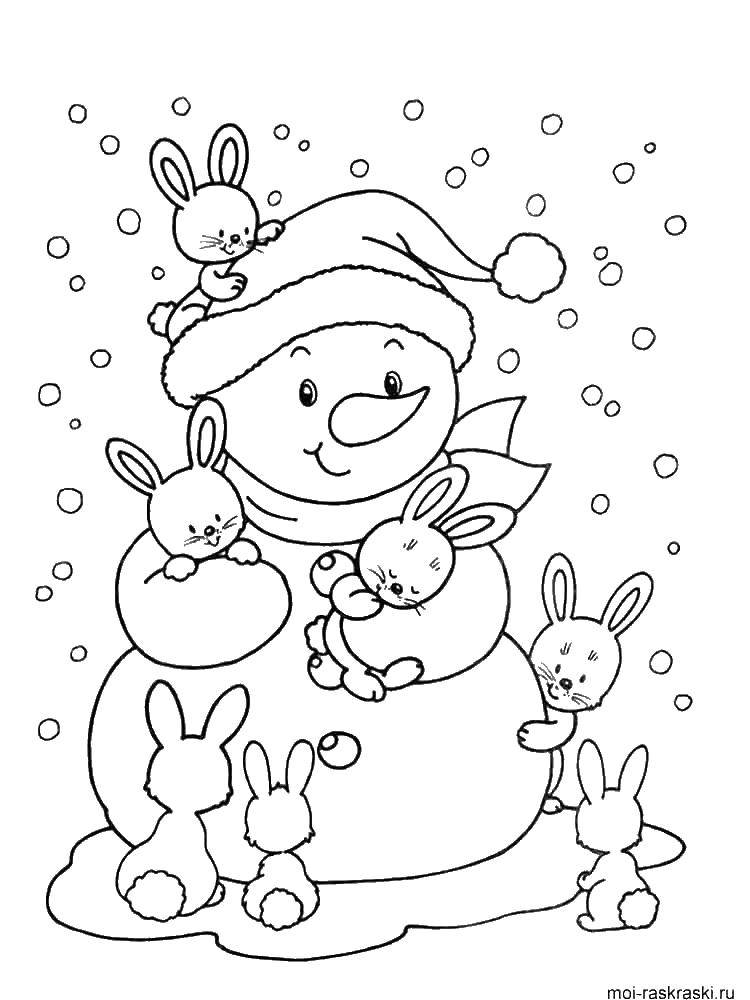 Название: Раскраска Снеговик и заицы. Категория: раскраски. Теги: заицы, снеговик.
