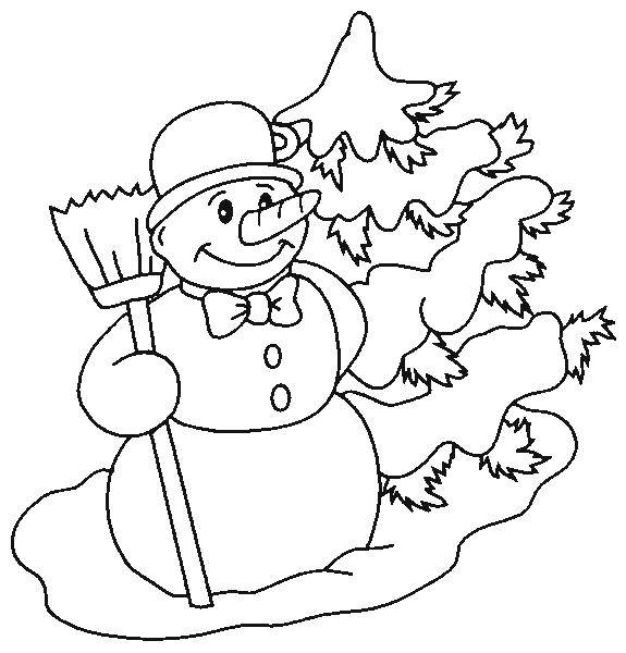Coloring Snowman and snow-covered Christmas tree. Category snowman. Tags:  Snowman, snow, winter.