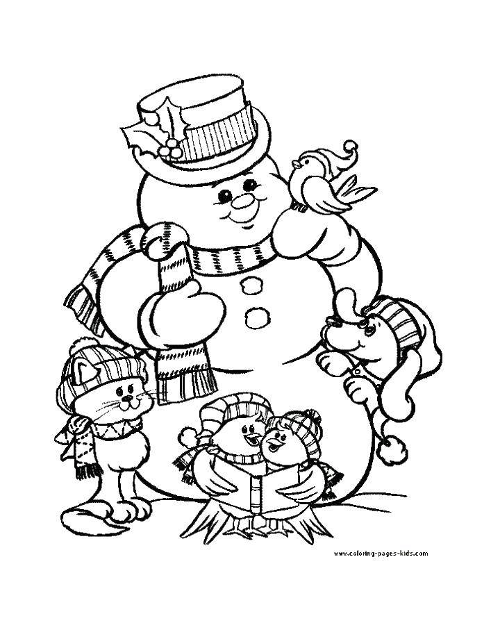 Название: Раскраска Снеговик и животные. Категория: простые раскраски. Теги: животные, снеговик.