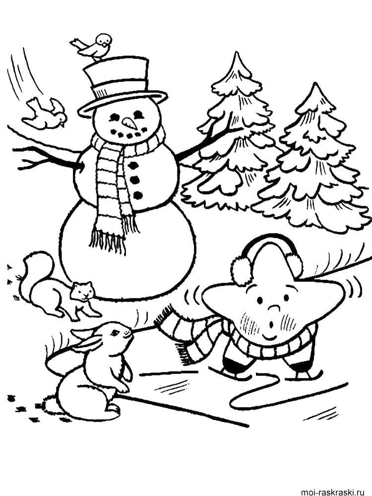 Coloring Snowman and star. Category coloring. Tags:  animals, star, snowman.