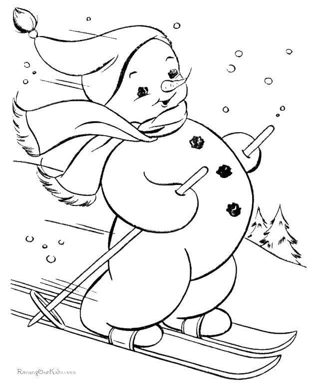 Название: Раскраска Снеговик,лыжы. Категория: Раскраски для малышей. Теги: снеговик, лыжы, шарф.