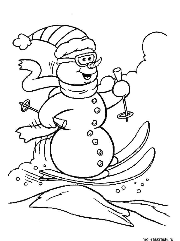 Название: Раскраска Снеговик,лыжы. Категория: простые раскраски. Теги: лыжы, снеговик.