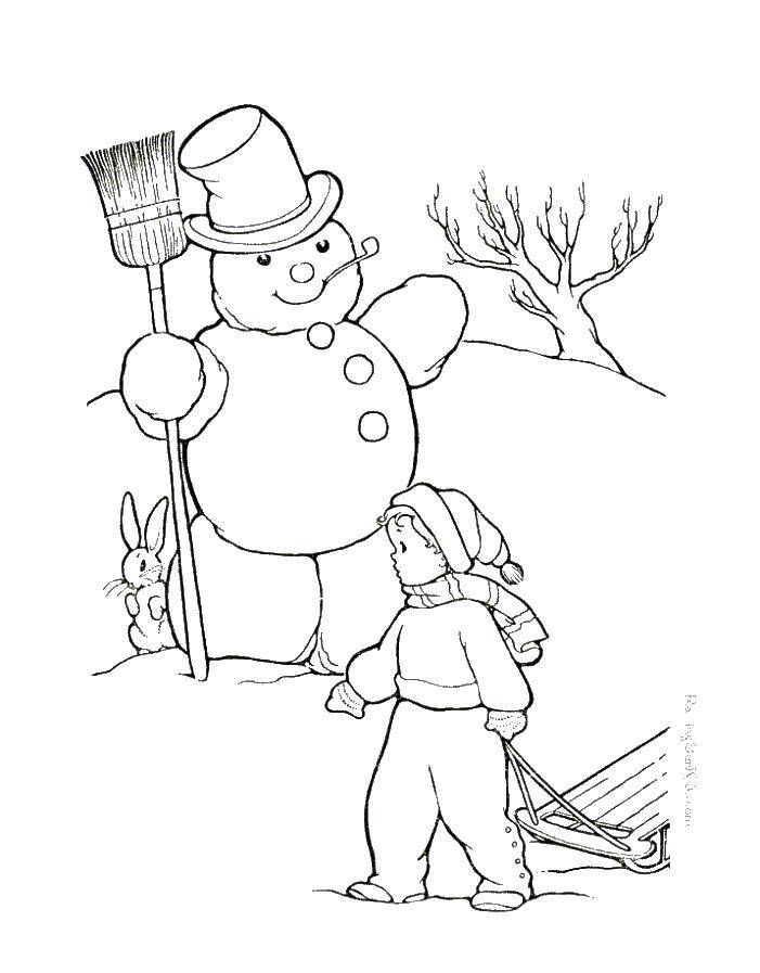 Название: Раскраска Снеговик,мальчик,санки. Категория: Раскраски для малышей. Теги: снеговик, мальчик, санки.
