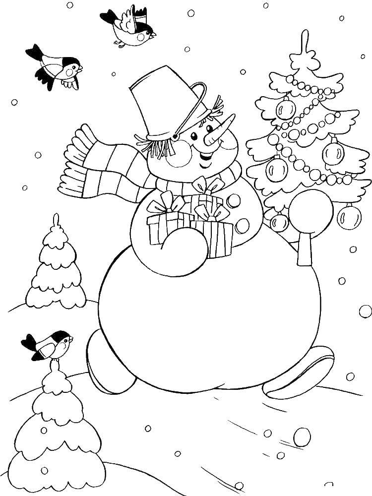 Название: Раскраска Снеговик несёт новогодние подарочки. Категория: снеговик. Теги: Снеговик, снег, зима, подарки, Новый Год.