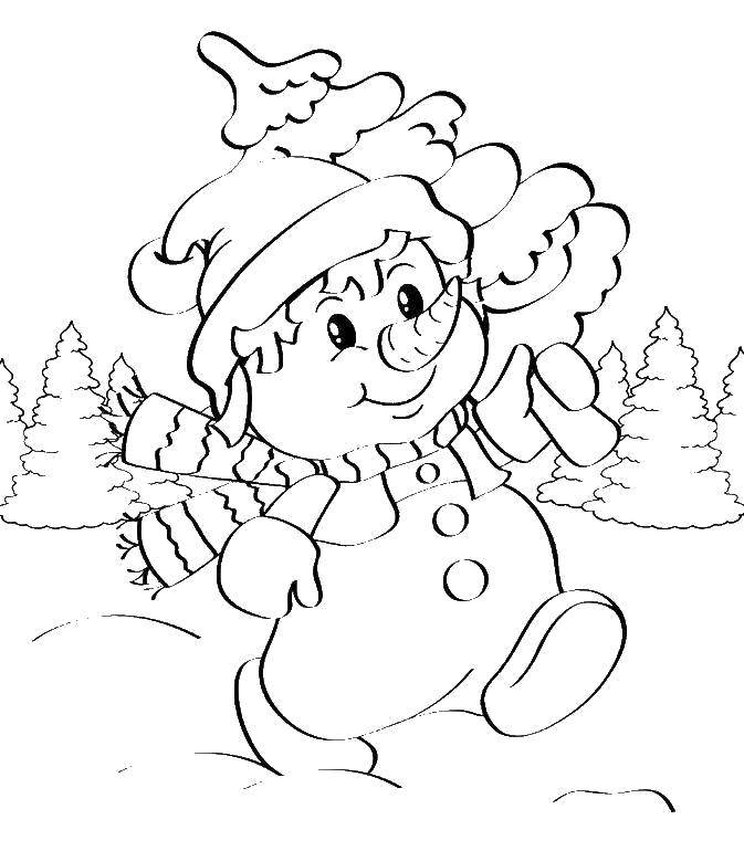 Coloring Snowman carrying a Christmas tree. Category snowman. Tags:  Snowman, snow, winter, gifts, New Year.