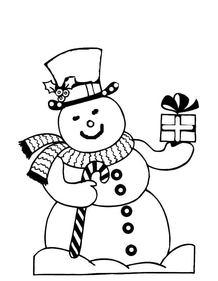 Название: Раскраска Снеговик,подарок. Категория: Раскраски для малышей. Теги: снеговик, подарок.