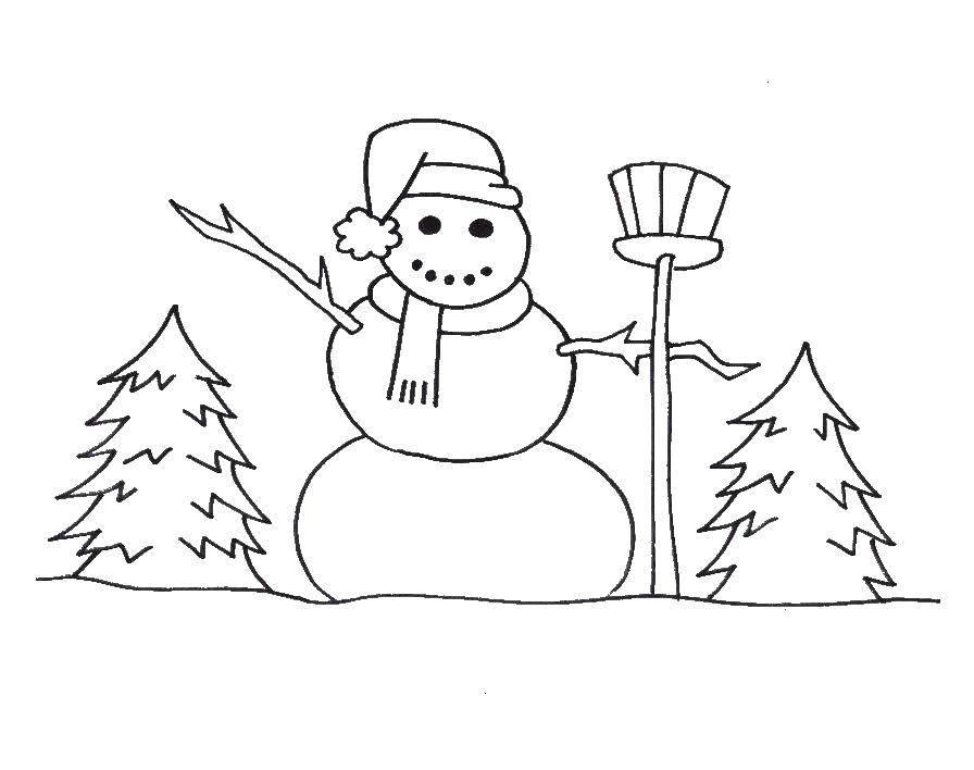 Coloring Snowman with broom. Category snowman. Tags:  Snowman, snow, winter.