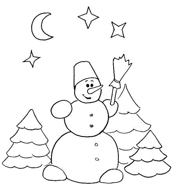 Название: Раскраска Снеговик в новогоднюю ночь. Категория: снеговик. Теги: Новый Год, ёлка, зима, лес, снеговик.