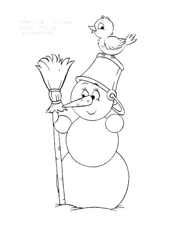 Coloring Snowman,Sparrow. Category Coloring pages for kids. Tags:  snowman, Sparrow, the broom.