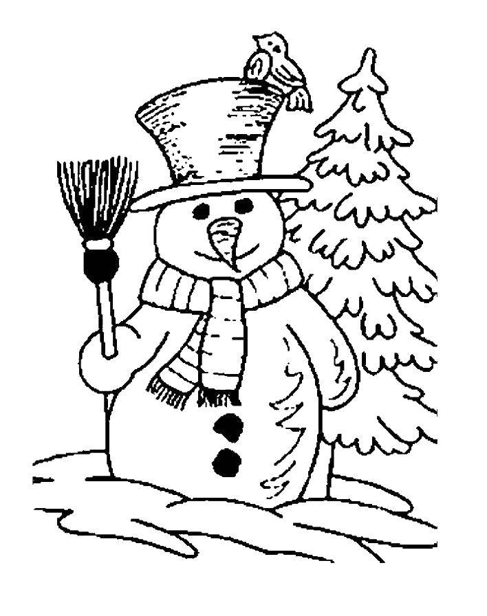 Название: Раскраска Снеговик. Категория: Раскраски для малышей. Теги: снеговик, воробей, веник.