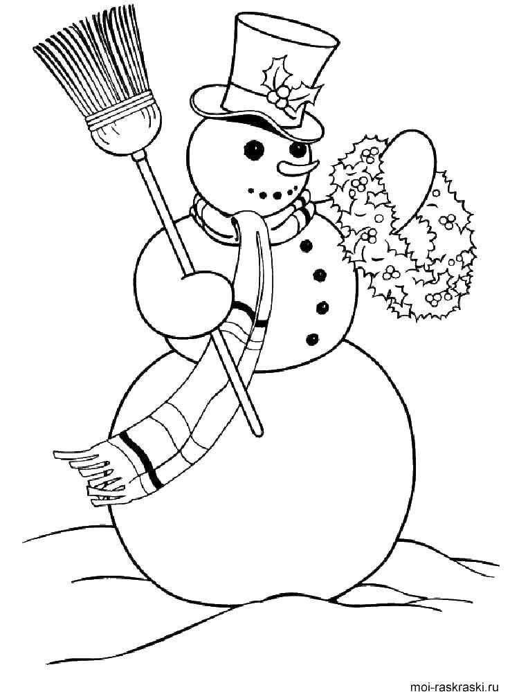 Название: Раскраска Снеговик. Категория: Раскраски для малышей. Теги: снеговик, метла.