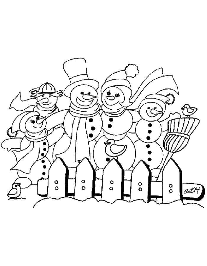 Название: Раскраска Снеговики. Категория: Раскраски для малышей. Теги: снеговики, веник.