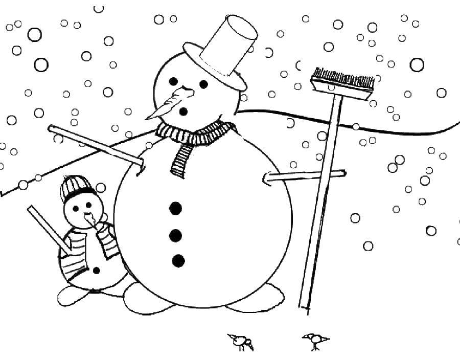 Название: Раскраска Снеговики. Категория: Раскраски для малышей. Теги: снеговики, веник.