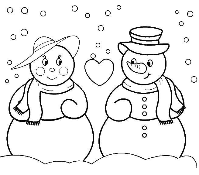 Название: Раскраска Влюблённые снеговики. Категория: снеговик. Теги: Снеговик, снег, зима, любовь.