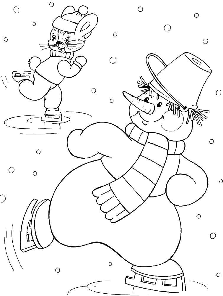Название: Раскраска Зайчик и снеговичек на коньках. Категория: снеговик. Теги: Снеговик, снег, зима, каток, зайчик.