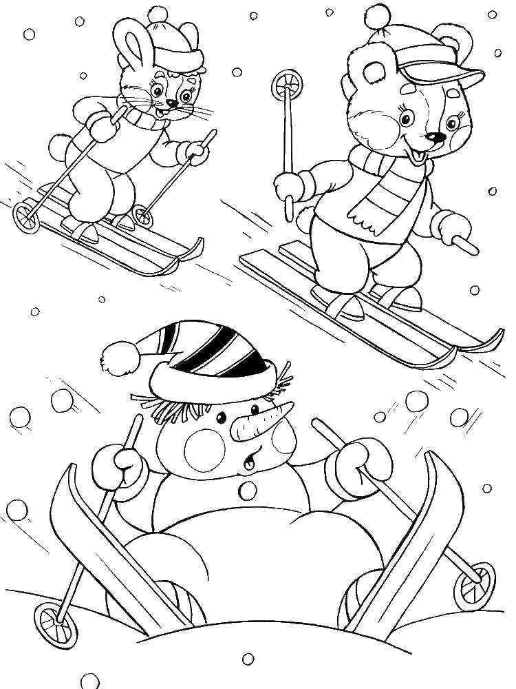 Название: Раскраска Зайка, мишка и снеговик катаются на лыжах. Категория: снеговик. Теги: Снеговик, снег, зима, веселье, лыжи.