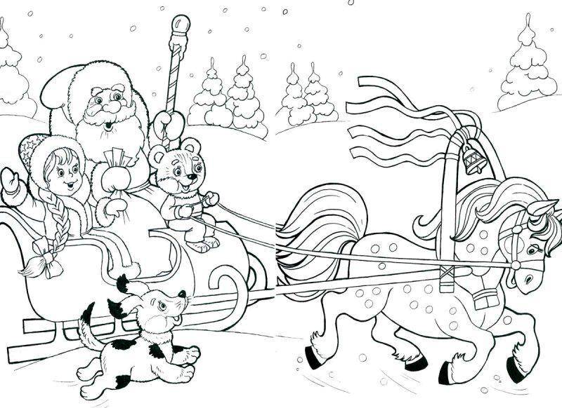Раскраска Дед мороз и снегурочка на санях Скачать ,Новый Год, Дед Мороз, подарки, Снегурочка,.  Распечатать 