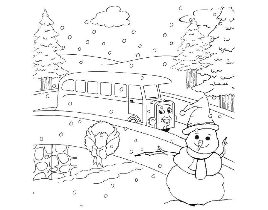 Название: Раскраска Автобус едет по мосту зимой. Категория: зима. Теги: автобус, снеговик.