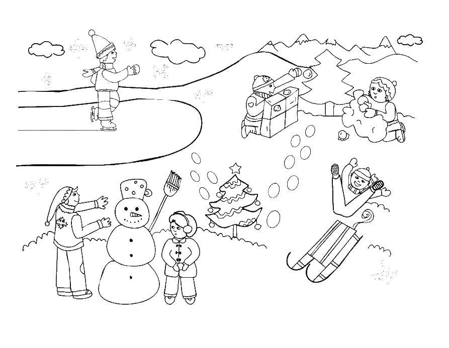 Название: Раскраска Дети играют зимой. Категория: Люди. Теги: дети, елка, зима.