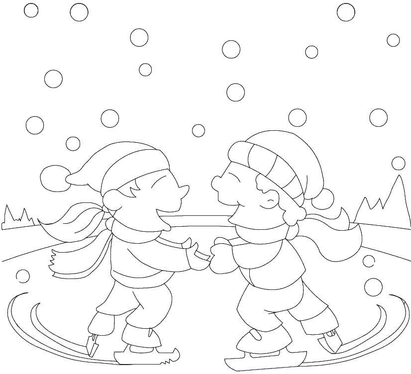 Название: Раскраска Дети катаются на коньках. Категория: Люди. Теги: дети, елка, зима.