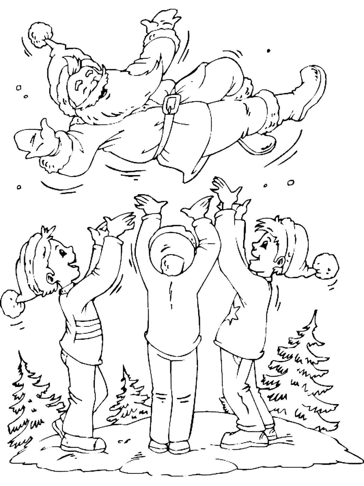 Coloring Kids and Santa Claus. Category Coloring pages for kids. Tags:  children, Santa Claus.