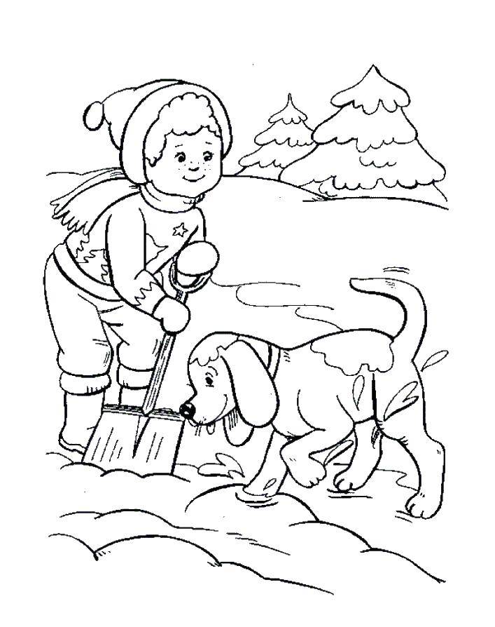 Название: Раскраска Мальчик чистит снег с собакой. Категория: Люди. Теги: собака, мальчик.