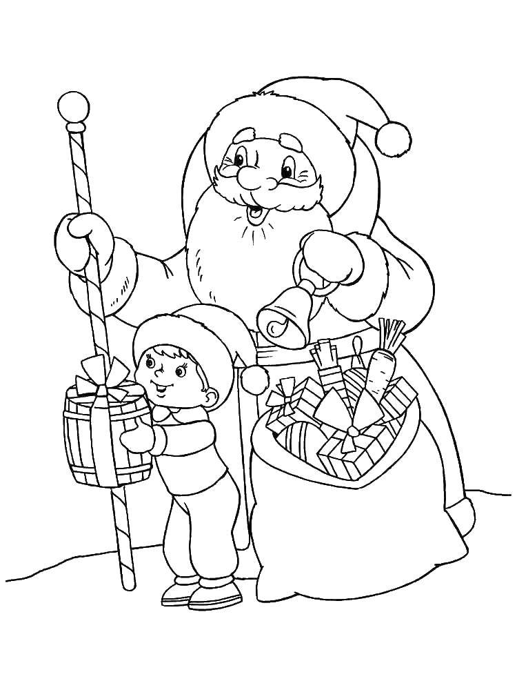 Название: Раскраска Мальчик и дед мороз. Категория: Раскраски для малышей. Теги: мальчик, дед мороз, подарки.