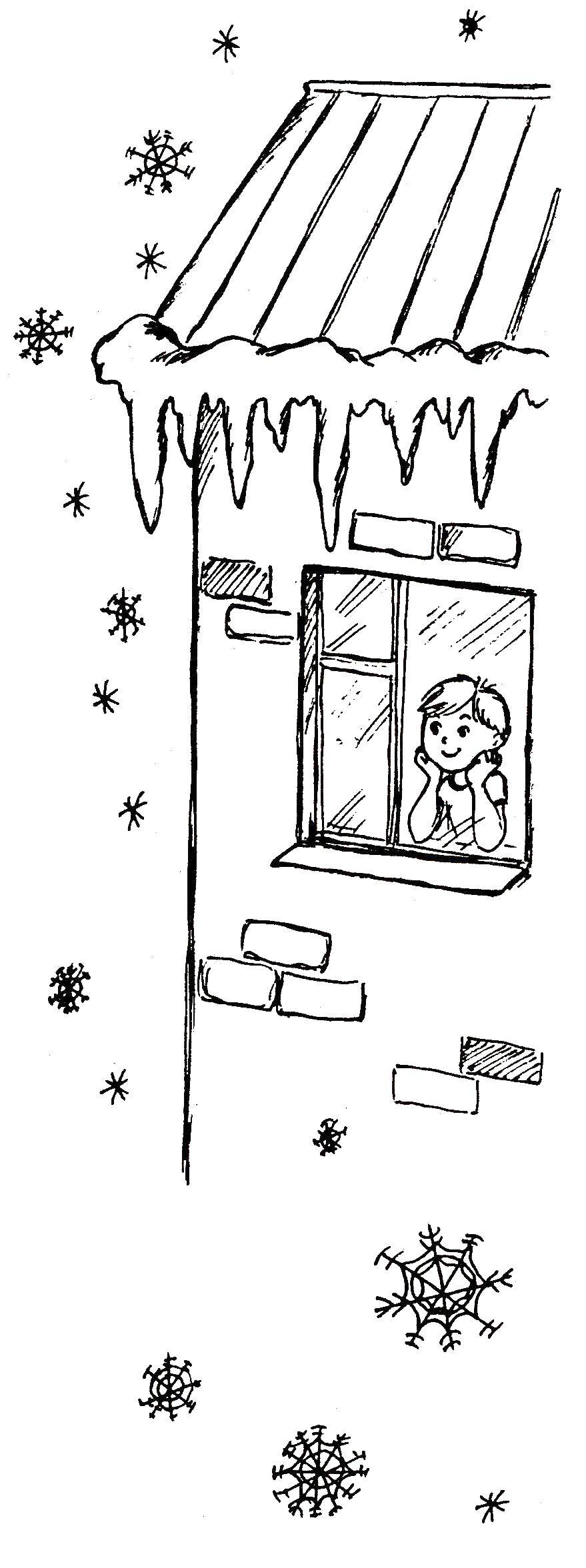 Название: Раскраска Мальчик смотрит как идет снег. Категория: Люди. Теги: снег, мальчик.