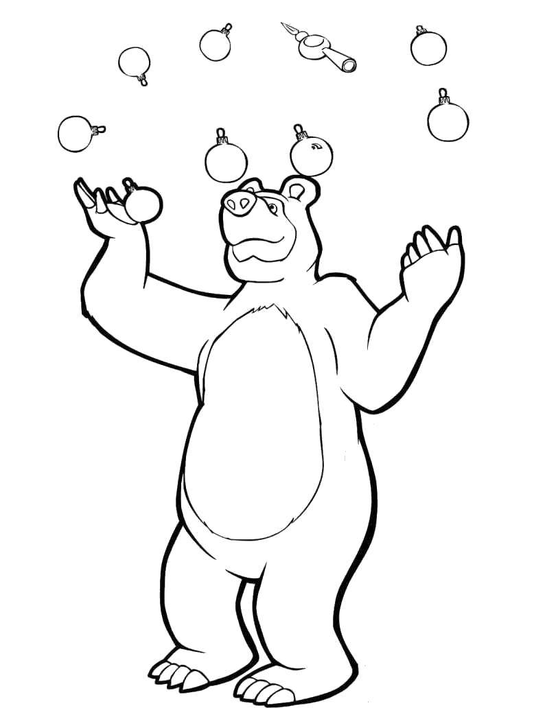 Название: Раскраска Медведь жонглирует новогодними игрушками. Категория: новый год. Теги: Новый Год, веселье, игрушки, медведь.