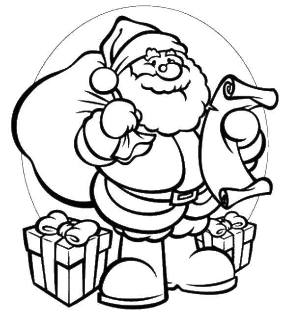 Название: Раскраска Санта читает пожелания детей. Категория: новый год. Теги: Новый Год, Дед Мороз, Санта Клаус, подарки.