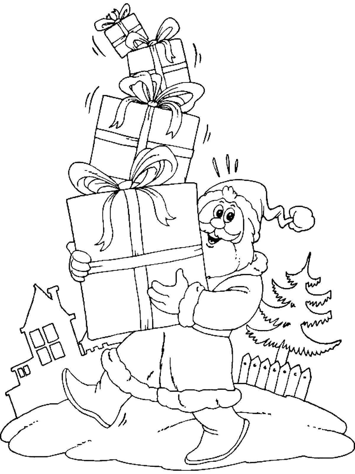 Coloring Santa Claus with gifts. Category Coloring pages for kids. Tags:  boxes, Santa Claus.