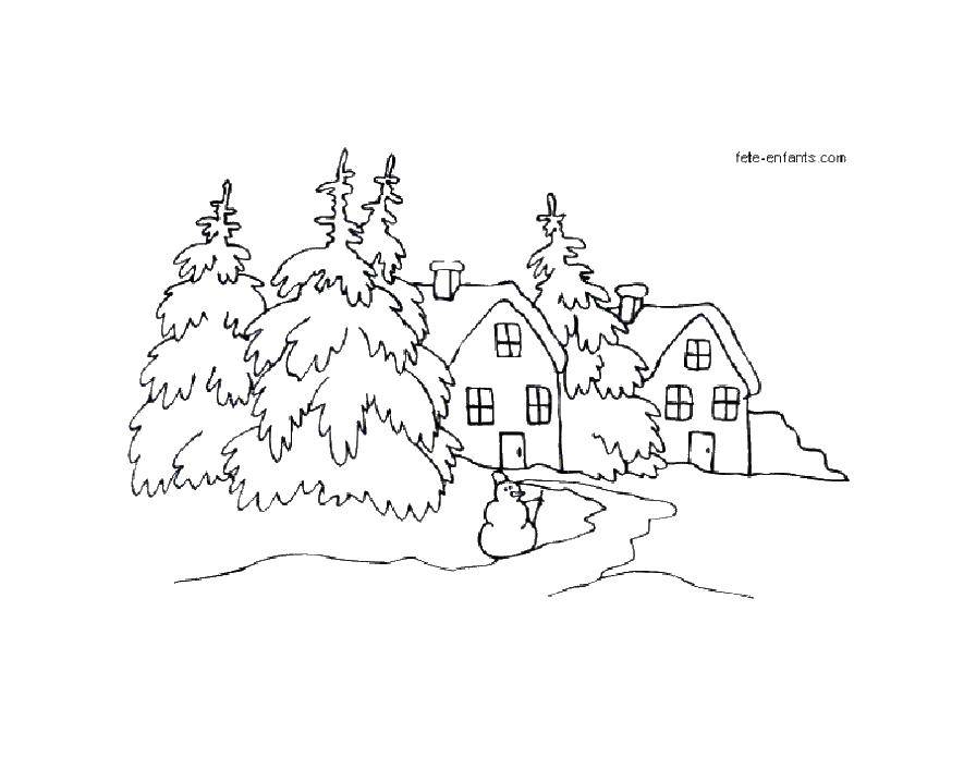 Название: Раскраска Снеговик перед домами. Категория: зима. Теги: снеговик.