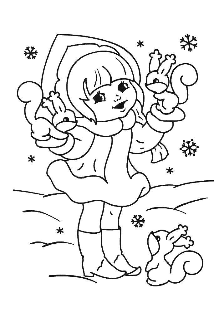 Coloring The snow maiden and squirrels. Category new year. Tags:  Snow maiden, winter, New Year.