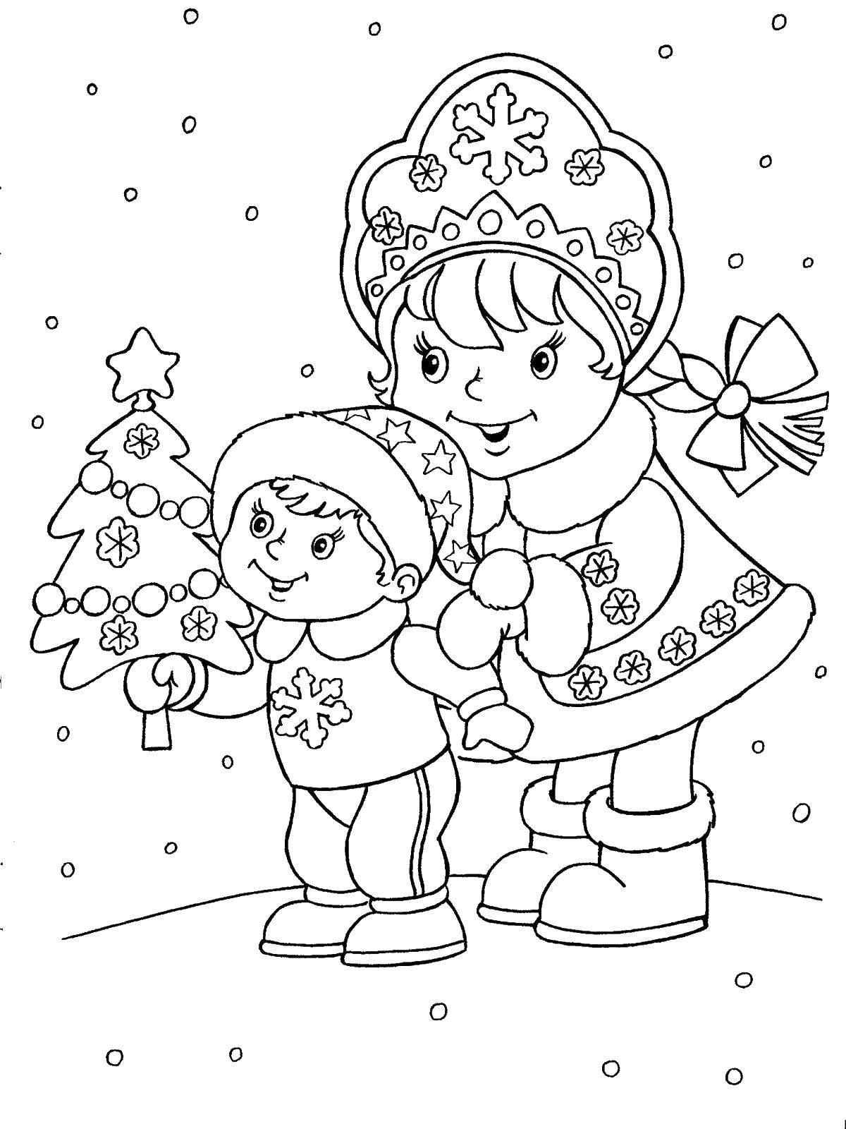 Название: Раскраска Снегурочка и мальчик. Категория: Раскраски для малышей. Теги: елка, мальчик, снегурочка.
