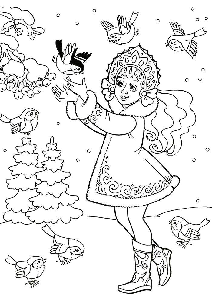 Coloring Snow white and bullfinches. Category winter. Tags:  Snow maiden, winter, New Year.