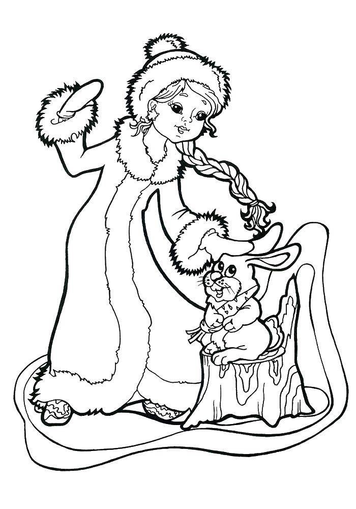 Название: Раскраска Снегурочка с зайчиком. Категория: новый год. Теги: Снегурочка, зима, Новый Год.
