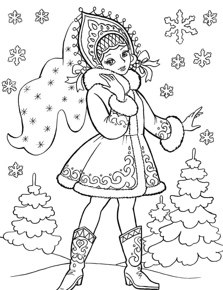 Розмальовки  Снігуронька у красивому вбранні біля ялинок. Завантажити розмальовку Снігуронька, зима, Новий Рік.  Роздрукувати ,снігуронька,